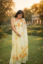 Vasanta Raaga – Hand Painted Organza Saree in Butter Yellow with Sunflower Motifs - Image 2