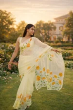 Vasanta Raaga – Hand Painted Organza Saree in Butter Yellow with Sunflower Motifs