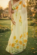 Vasanta Raaga – Hand Painted Organza Saree in Butter Yellow with Sunflower Motifs - Image 4
