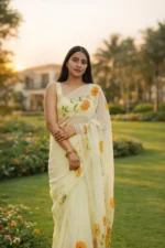 Vasanta Raaga – Hand Painted Organza Saree in Butter Yellow with Sunflower Motifs - Image 5