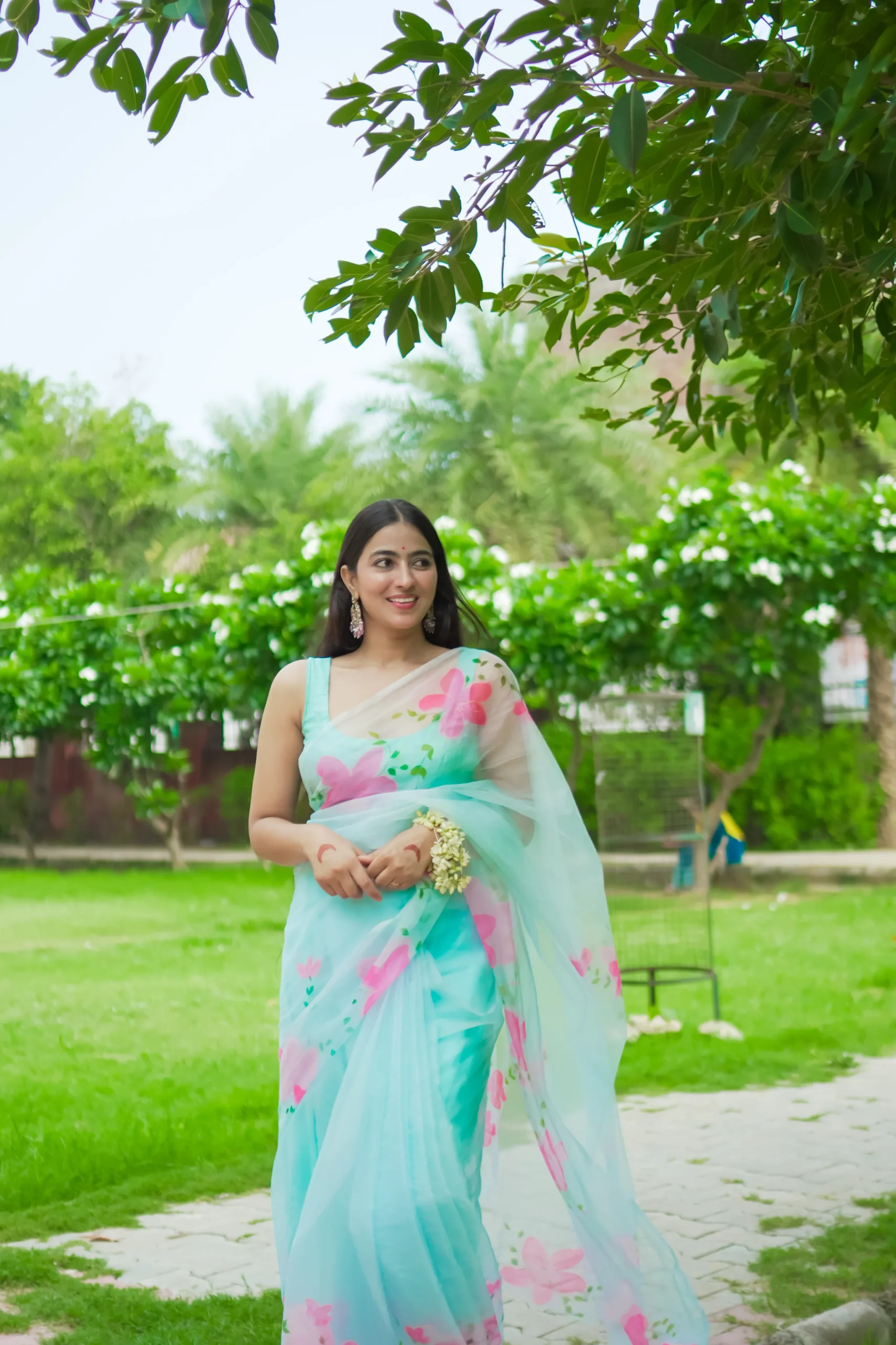Gulnaar Mist Hand-Painted Organza Saree - Image 1