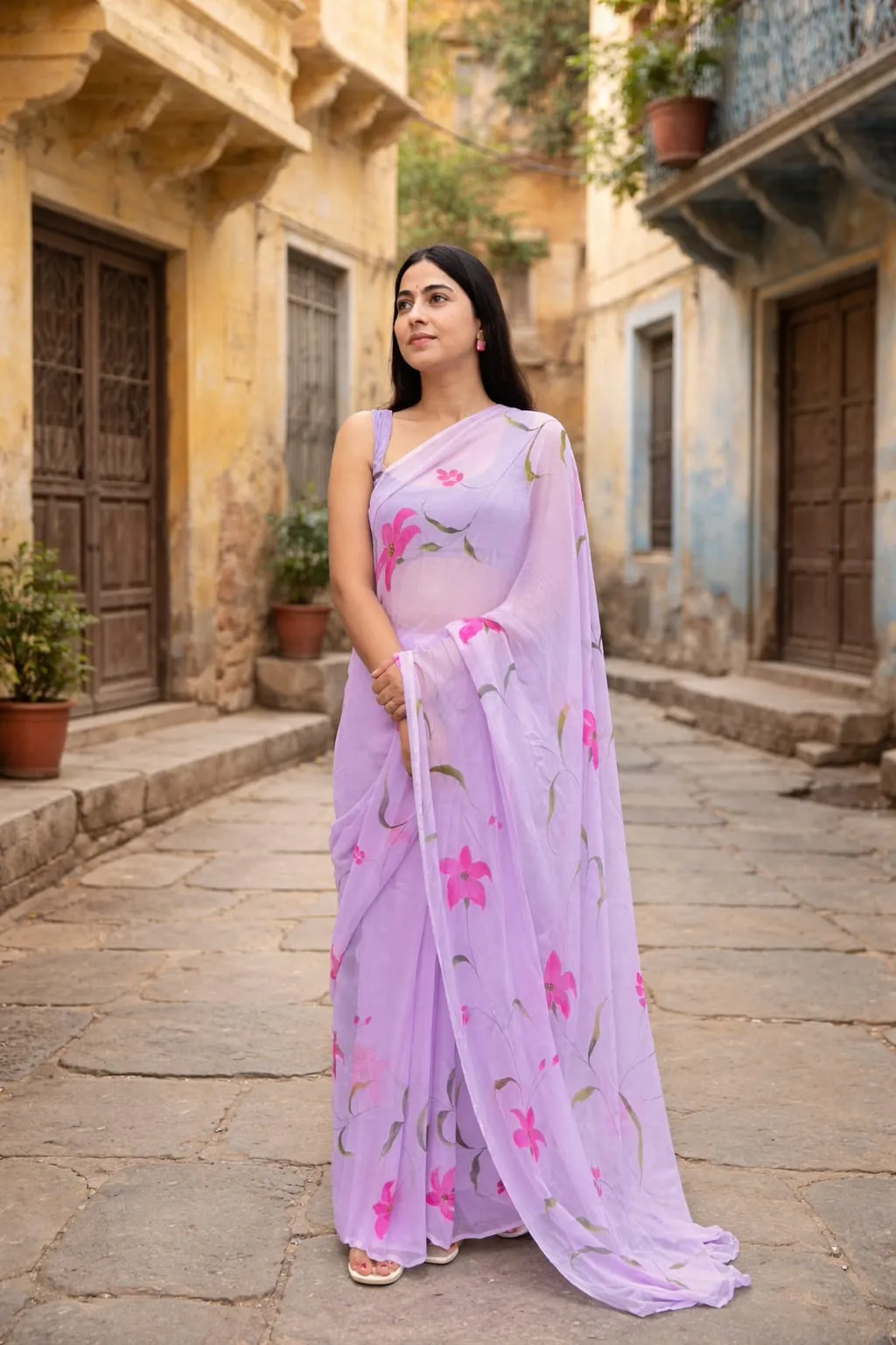 Lavender Petals Hand-Painted Chiffon Saree - Image 2