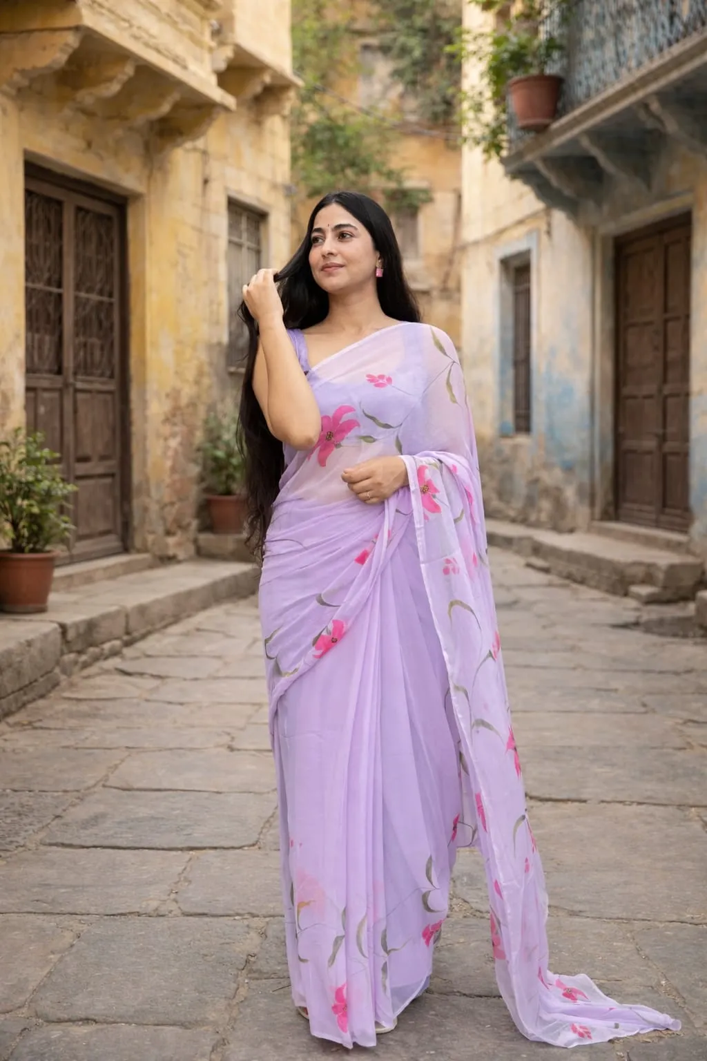 Lavender Petals Hand-Painted Chiffon Saree - Image 1